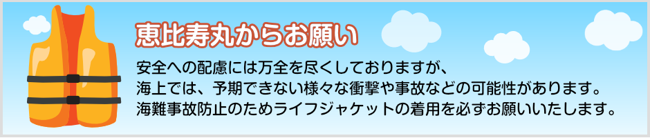 安全への配慮には万全を尽くしておりますが、海上では、予期できない様々な衝撃や事故などの可能性があります。海難事故防止のためライフジャケットの着用を必ずお願いいたします。