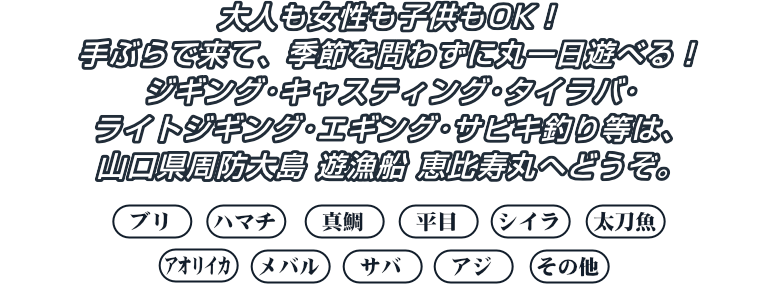 大人も女性も子供もOK！手ぶらで来て、季節を問わずに丸一日遊べる！ソルトルアー＆泳がせ釣り ジギング･キャスティングは、山口県周防大島 遊漁船 恵比寿丸へどうぞ。〜ブリ・ハマチ・真鯛・平目・シイラ・太刀魚・アオリイカ・メバル・サバ・アジ・その他